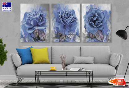 3 Set of Blue Rose Flowers Art High Quality print 100% Australian made wall Canvas ready to hang