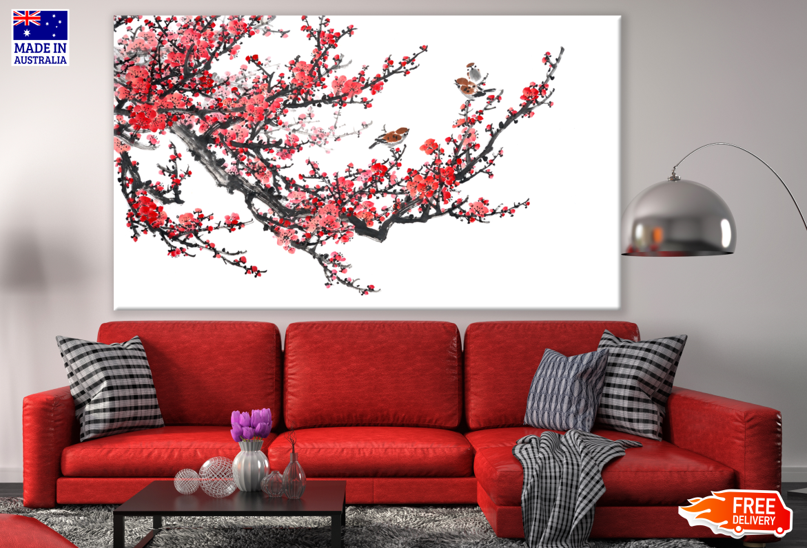 Birds On Red Flower Tree Painting Print 100% Australian Made