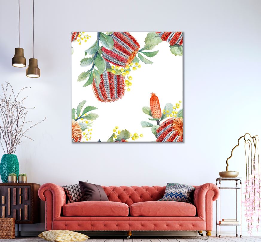 Square Canvas Australian Plants Banksia Watercolor Painting High Quality Print 100% Australian Made