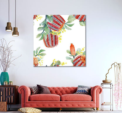 Square Canvas Australian Plants Banksia Watercolor Painting High Quality Print 100% Australian Made
