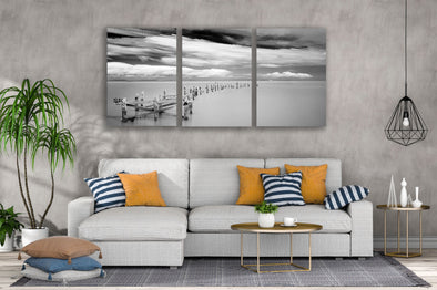 3 Set of Wooden Pier Ruins Over Beach B&W Photograph High Quality Print 100% Australian Made Wall Canvas Ready to Hang