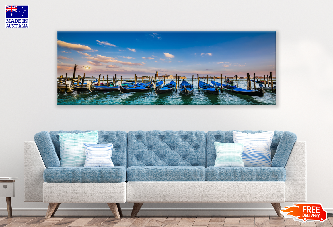 Panoramic Canvas Gondola Boats on Canal with Historic Basilica in Venice, Italy High Quality 100% Australian made wall Canvas Print ready to hang