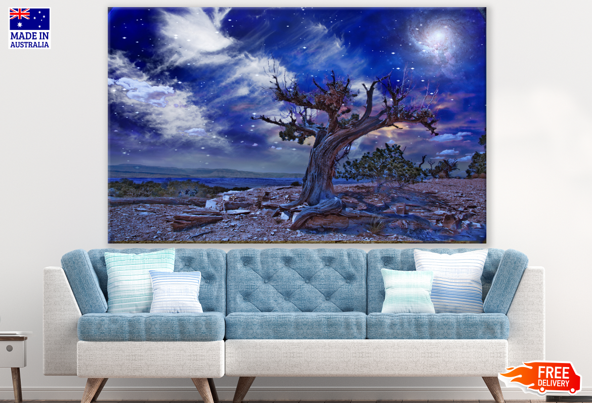 Trees in Desert under Space Sky Fantasy Print 100% Australian Made