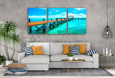 3 Set of Wooden Pier Over Beach View Photograph High Quality Print 100% Australian Made Wall Canvas Ready to Hang