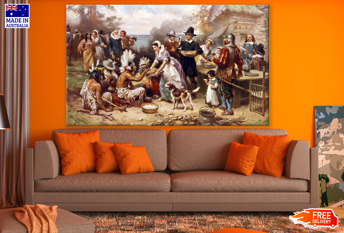 Thanksgiving Between The Pilgrims and Native Americans Painting Print 100% Australian Made