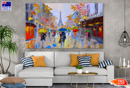 Eiffel Tower Street People Walking with Umbrellas Painting Print 100% Australian Made