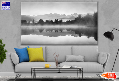 Misty Forest & Mountain View With Lake B&W Photograph Print 100% Australian Made