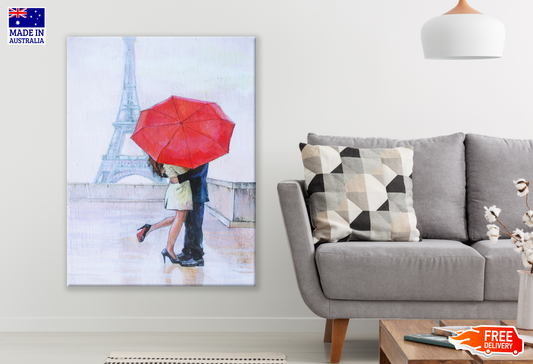 Couple Hugging Near Eiffel Tower Red Umbrella Painting Print 100% Australian Made