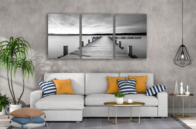 3 Set of Wooden Pier Over Beach View B&W Photograph High Quality Print 100% Australian Made Wall Canvas Ready to Hang