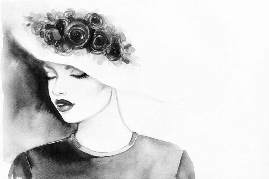 Pretty Girl with Elegant Hat B&W Abstract Watercolor Painting Print 100% Australian Made