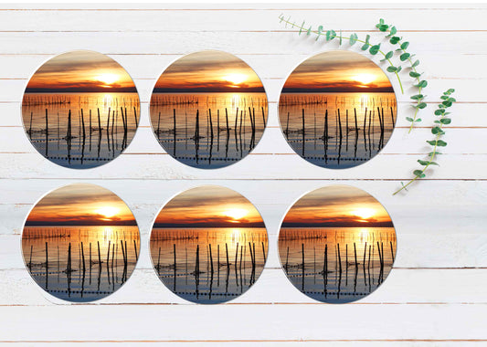 Sunset Sky & Fishing net on Lake View Coasters Wood & Rubber - Set of 6 Coasters