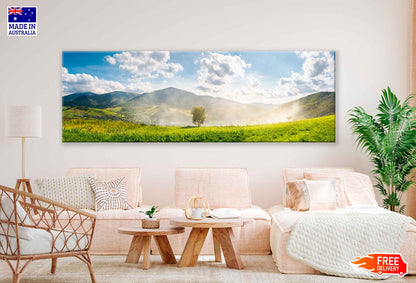Panoramic Canvas Tree on Hill Side & Sunrise High Quality 100% Australian Made Wall Canvas Print Ready to Hang