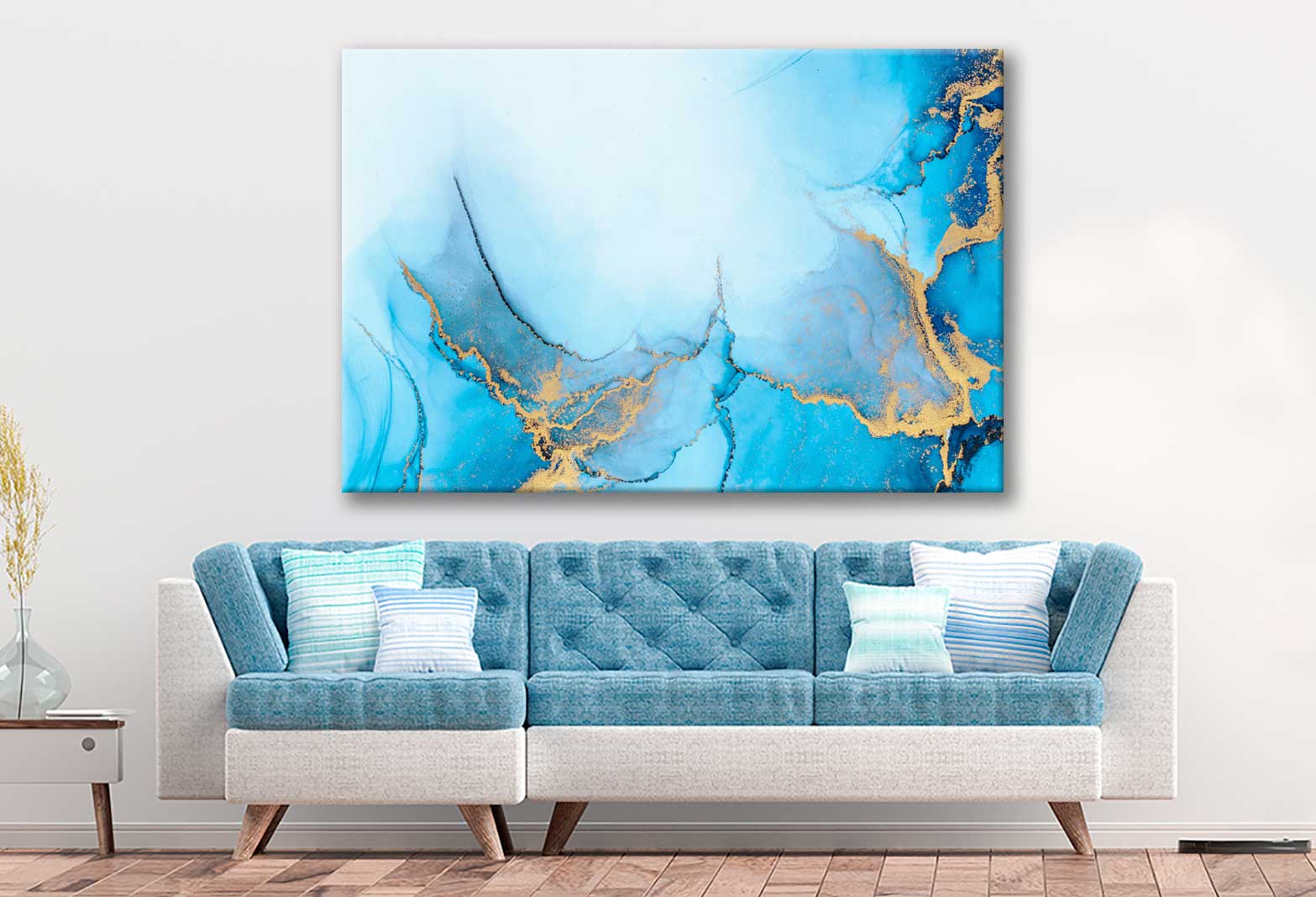 Bella Home Blue & Gold Liquid Abstract Art Print Canvas Ready to hang