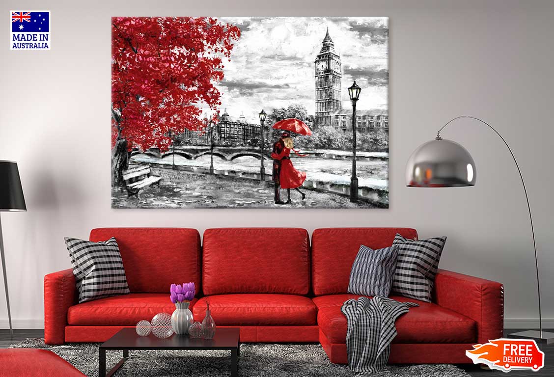 Red Couple near Big Ben B&W Painting Print 100% Australian Made