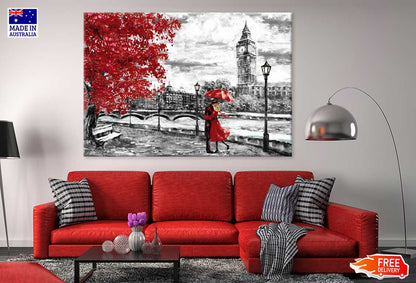 Red Couple near Big Ben B&W Painting Print 100% Australian Made