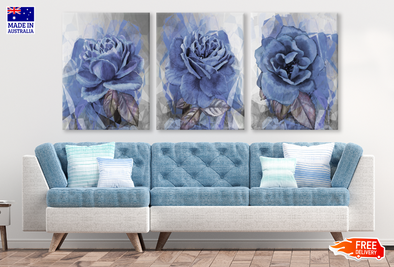 3 Set of Blue Rose Flowers Art High Quality print 100% Australian made wall Canvas ready to hang