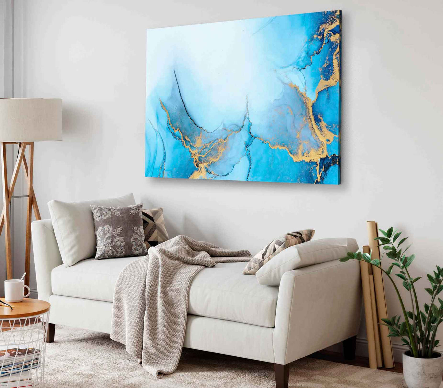 Bella Home Blue & Gold Liquid Abstract Art Print Canvas Ready to hang