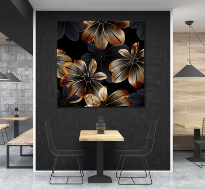 Square Canvas Gold & Black Abstract Floral Design High Quality Print 100% Australian Made