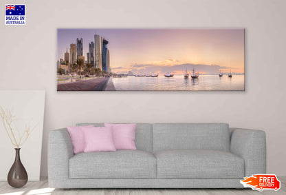 Panoramic Canvas West Bay & Doha City Skyline View High Quality 100% Australian Made Wall Canvas Print Ready to Hang