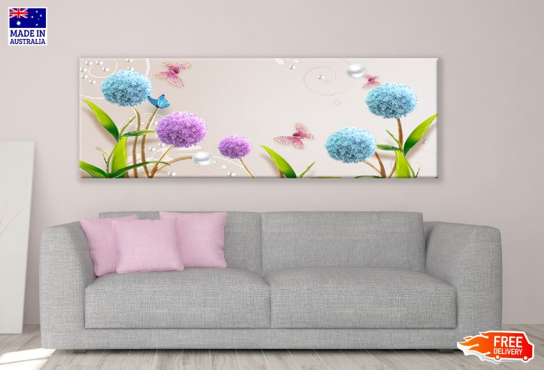 Panoramic Canvas Blue & Pink Flowers with Flying Butterflies Design High Quality 100% Australian Made Wall Canvas Print Ready to Hang