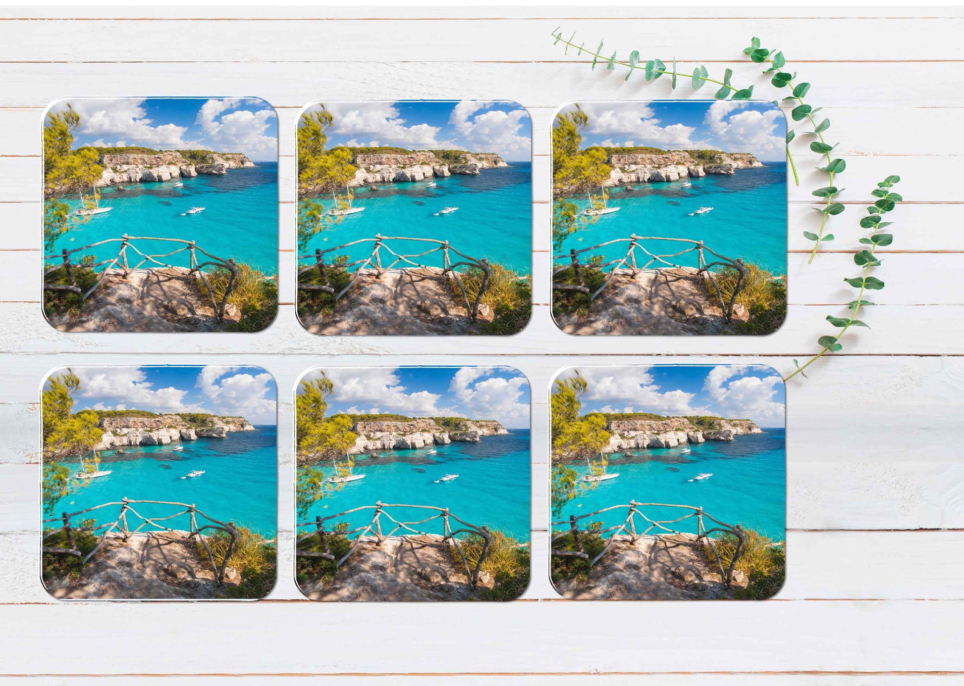 Cala Macarella Mediterranean Sea Coasters Wood & Rubber - Set of 6 Coasters