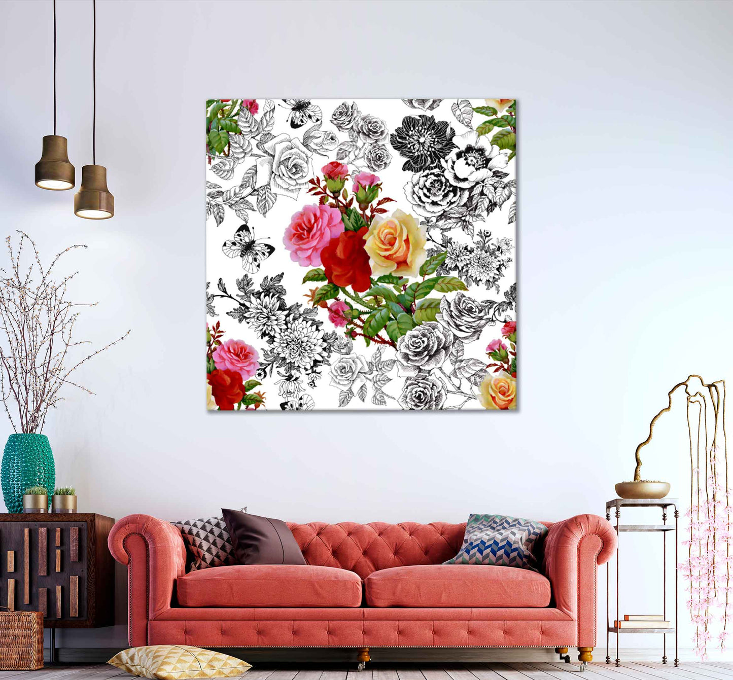 Square Canvas Pink Red Yellow Roses Vector Design High Quality Print 100% Australian Made