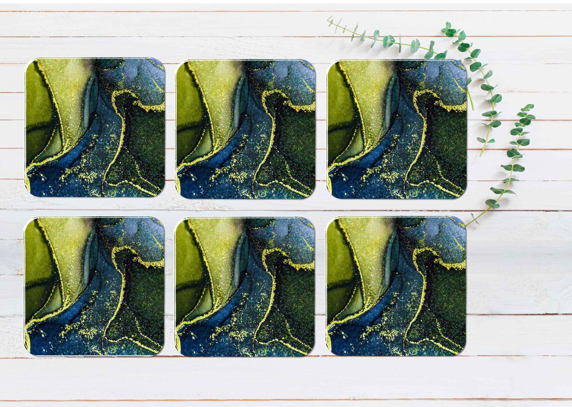 Green Blue & Gold Splash Abstract Coasters Wood & Rubber - Set of 6 Coasters