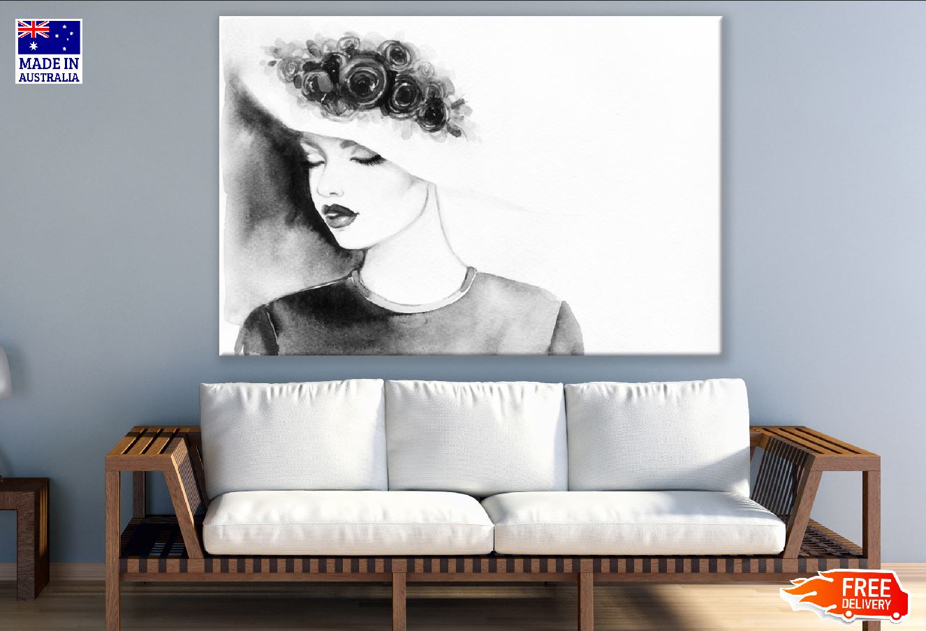 Pretty Girl with Elegant Hat B&W Abstract Watercolor Painting Print 100% Australian Made