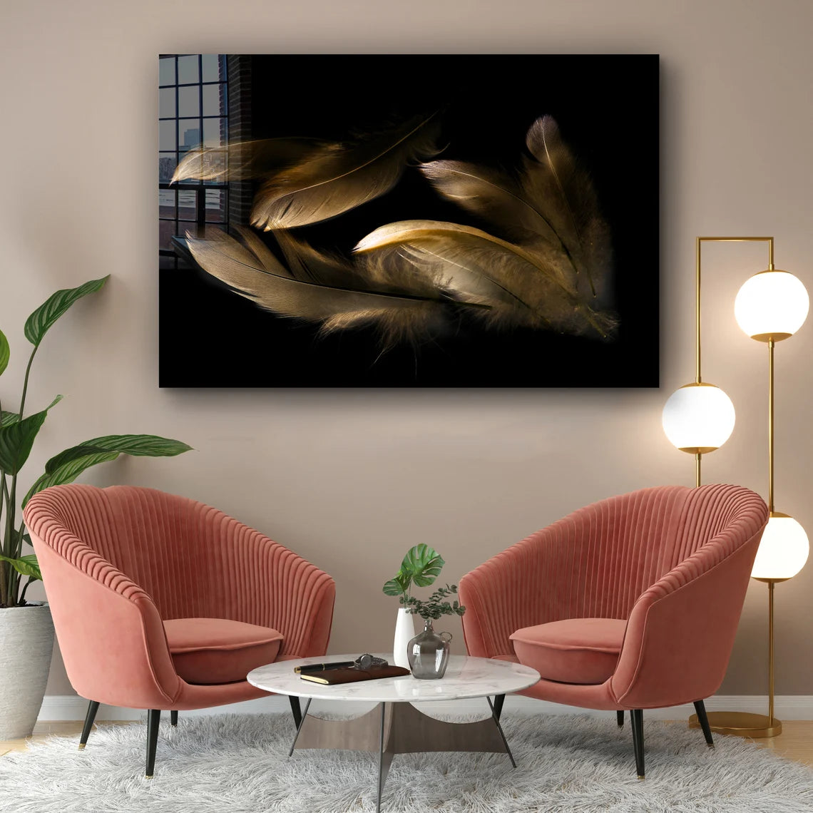 Brown Feathers on Dark Print Tempered Glass Wall Art 100% Made in Australia Ready to Hang