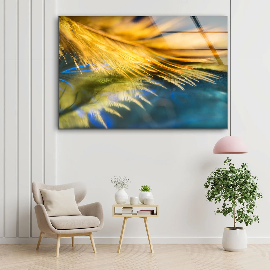 Yellow Feather Closeup Photograph Acrylic Glass Print Tempered Glass Wall Art 100% Made in Australia Ready to Hang