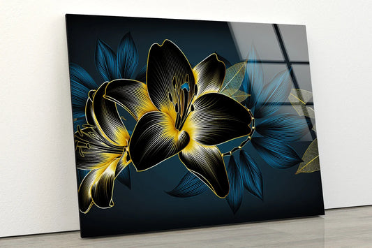 Gold & Blue Flowers Line Art Acrylic Glass Print Tempered Glass Wall Art 100% Made in Australia Ready to Hang