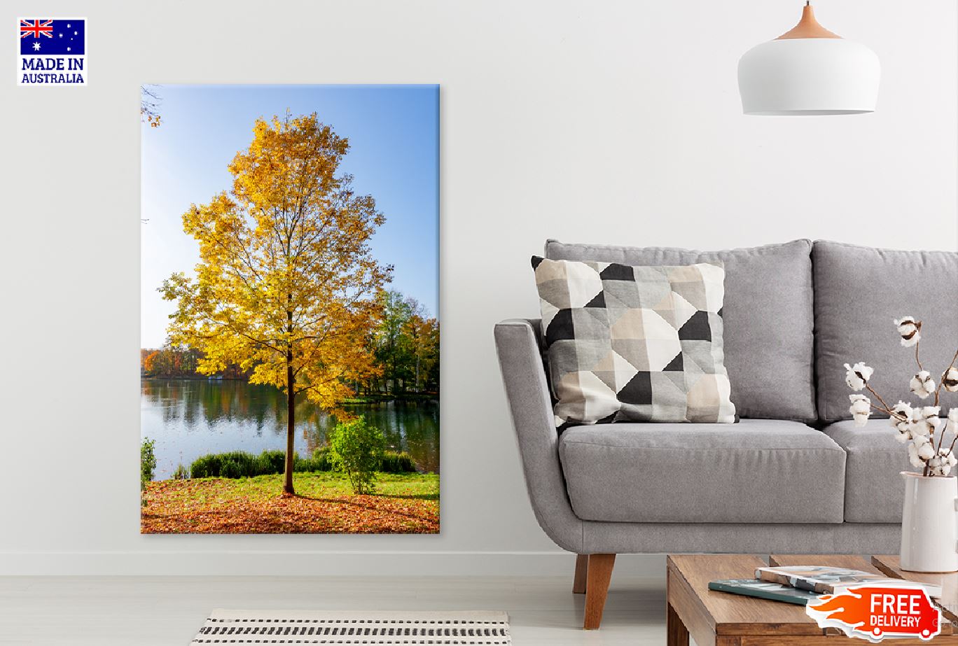 Yellow Autumn Tree near Lake View Photograph Print 100% Australian Made