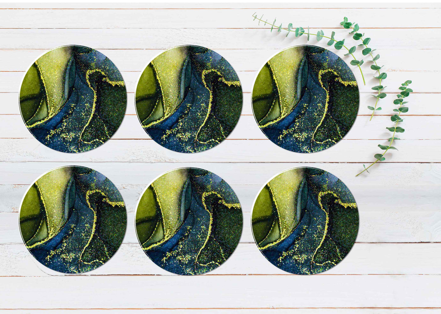 Green Blue & Gold Splash Abstract Coasters Wood & Rubber - Set of 6 Coasters