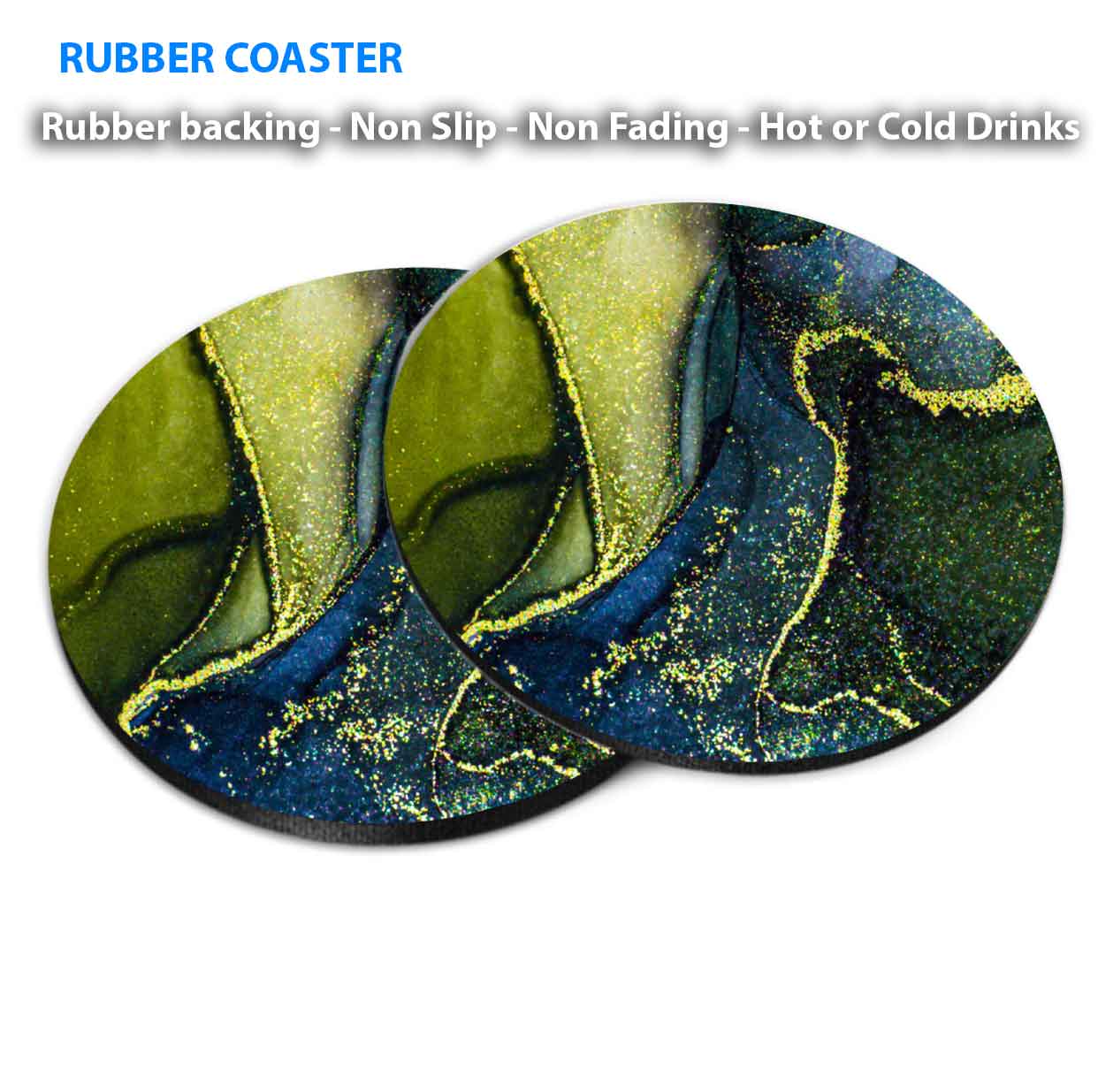 Green Blue & Gold Splash Abstract Coasters Wood & Rubber - Set of 6 Coasters