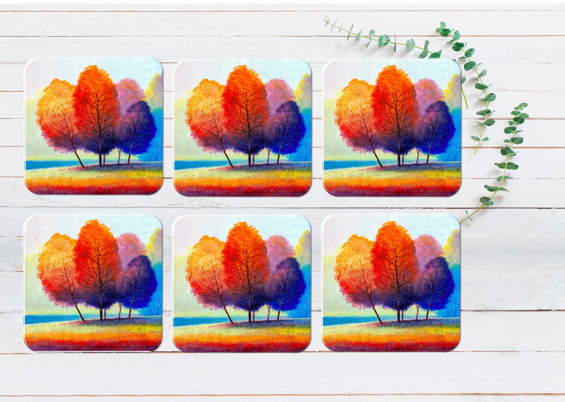 Autumn River Painting Coasters Wood & Rubber - Set of 6 Coasters