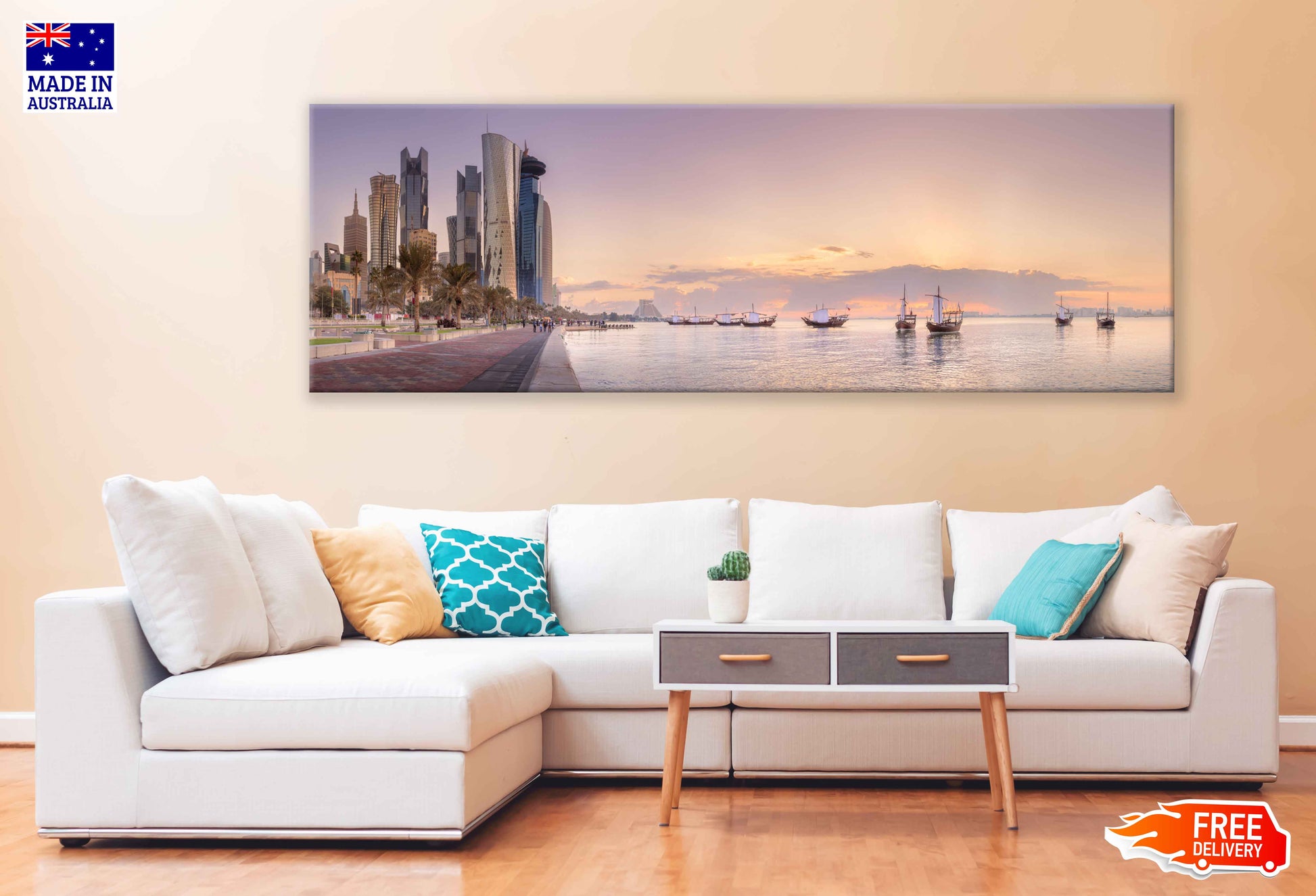 Panoramic Canvas West Bay & Doha City Skyline View High Quality 100% Australian Made Wall Canvas Print Ready to Hang