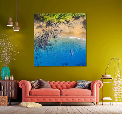 Square Canvas Blue Beach with Stone Aerial View Photograph High Quality Print 100% Australian Made