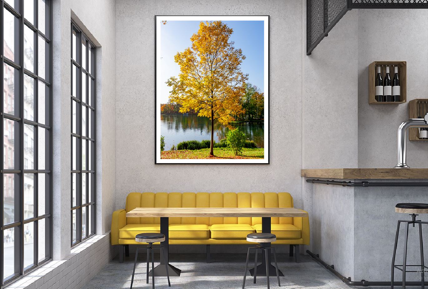 Yellow Autumn Tree near Lake View Photograph Home Decor Premium Quality Poster Print Choose Your Sizes