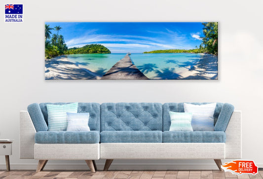 Panoramic Canvas Wooden Pier Over Sea Scenery Photograph High Quality 100% Australian made wall Canvas Print ready to hang