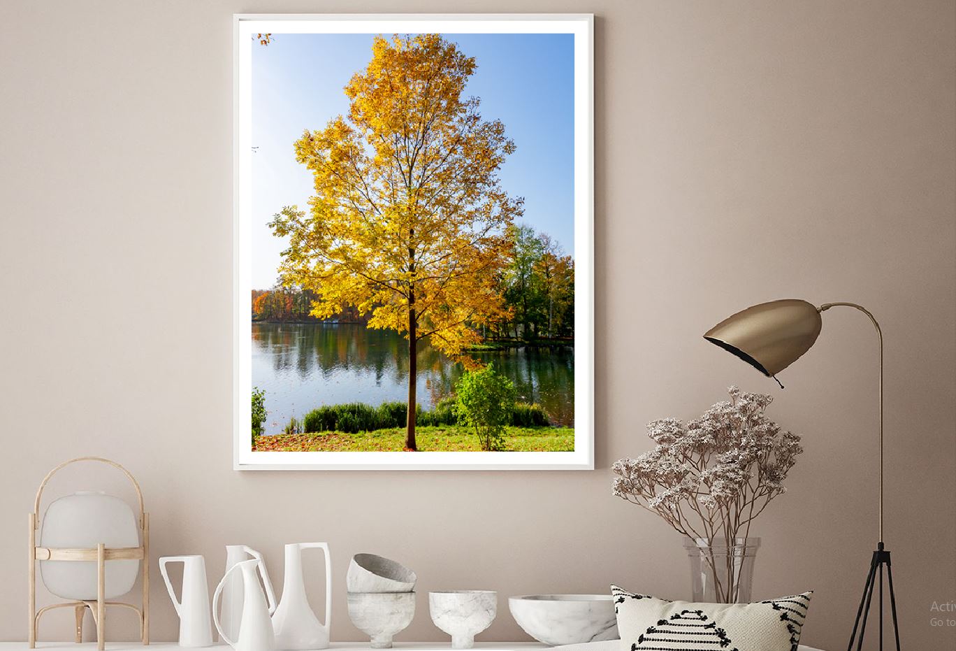 Yellow Autumn Tree near Lake View Photograph Home Decor Premium Quality Poster Print Choose Your Sizes