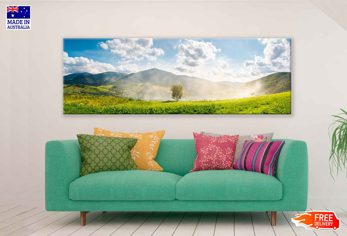 Panoramic Canvas Tree on Hill Side & Sunrise High Quality 100% Australian Made Wall Canvas Print Ready to Hang