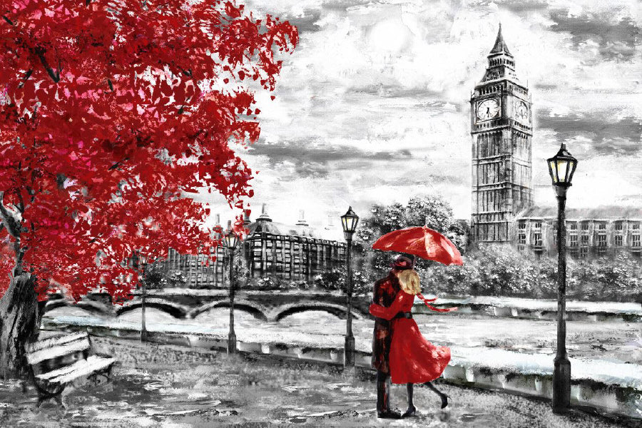 Red Couple near Big Ben B&W Painting Print 100% Australian Made