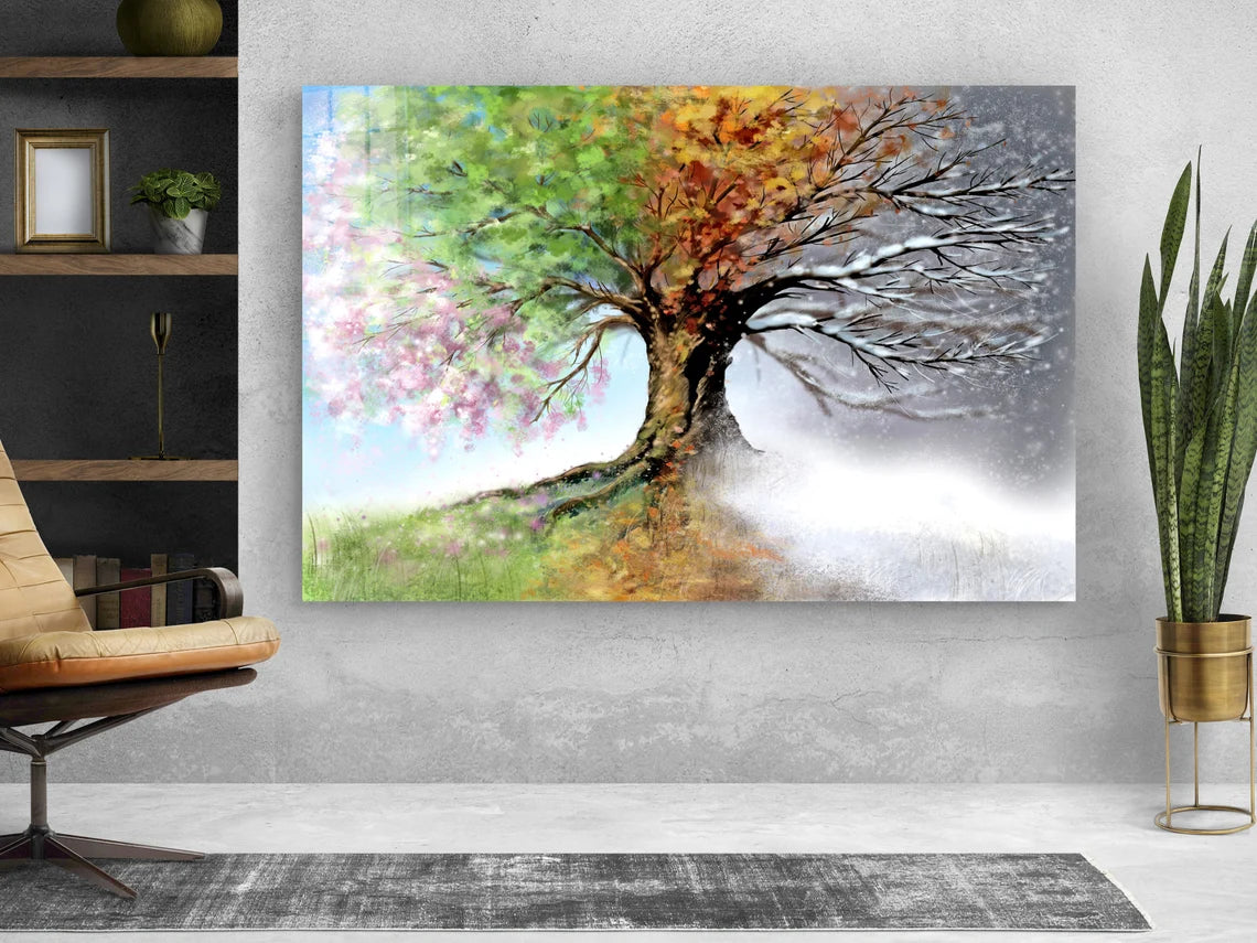 Seasonal Tree Painting Print Tempered Glass Wall Art 100% Made in Australia Ready to Hang