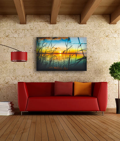 Grass Near Lake Sunset Scenery Photograph Acrylic Glass Print Tempered Glass Wall Art 100% Made in Australia Ready to Hang