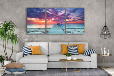 3 Set of Wooden Pier Over Beach Sunset View Photograph High Quality Print 100% Australian Made Wall Canvas Ready to Hang