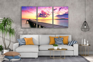 3 Set of Wooden Pier Over Beach at Sunset Photograph High Quality Print 100% Australian Made Wall Canvas Ready to Hang