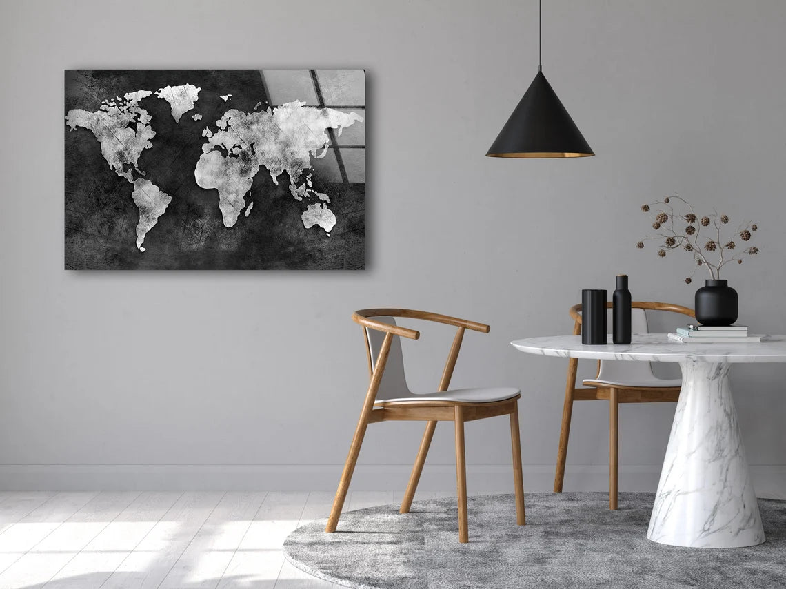 B&W Vintage World Map Acrylic Glass Print Tempered Glass Wall Art 100% Made in Australia Ready to Hang