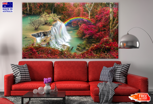 Stunning Waterfall With Red Leafy Trees & Rainbow Photograph Print 100% Australian Made Print 100% Australian Made