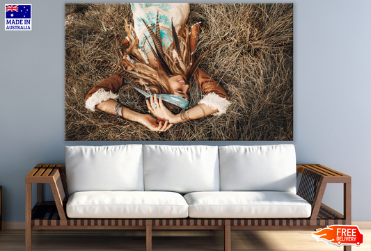 Girl with Headdress Sleeping on Hay Photograph Print 100% Australian Made