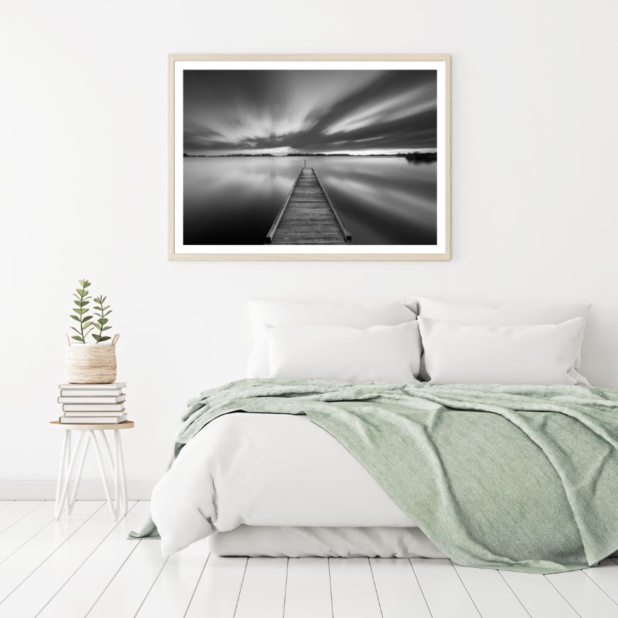 Wooden Pier Over Lake B&W Scenery Home Decor Premium Quality Poster Print Choose Your Sizes